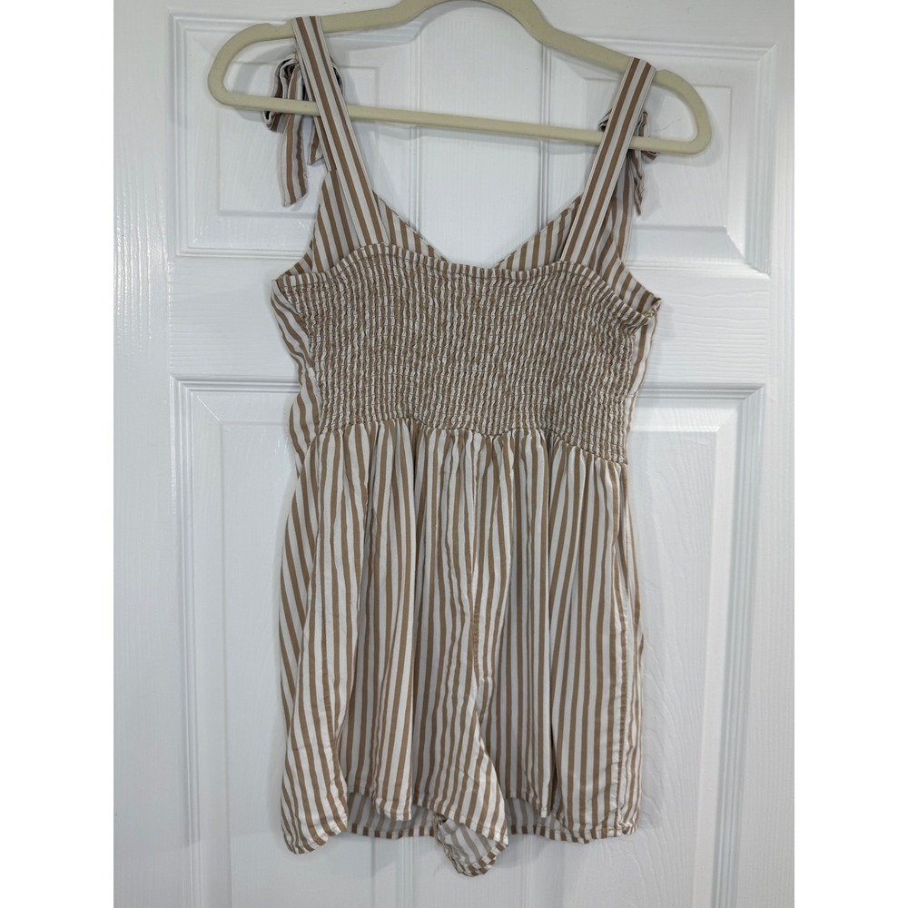 Derek Heart Romper Womens Medium Tan White Striped Excellent Tie Shoulder Smock - Picture 3 of 8